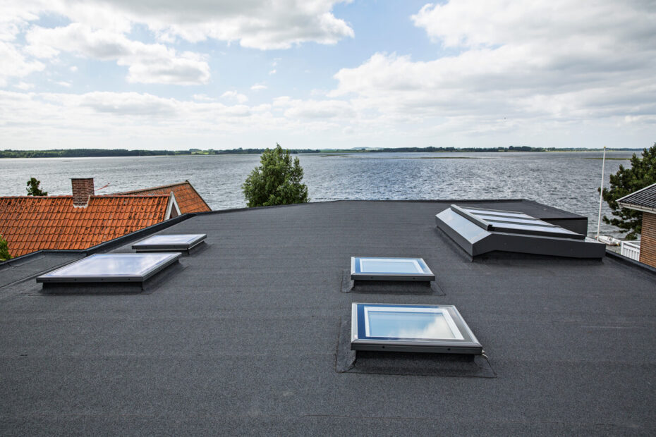 The image shows a flat roof with Velux skylights overlooking a lake with distant shores under a cloudy sky.