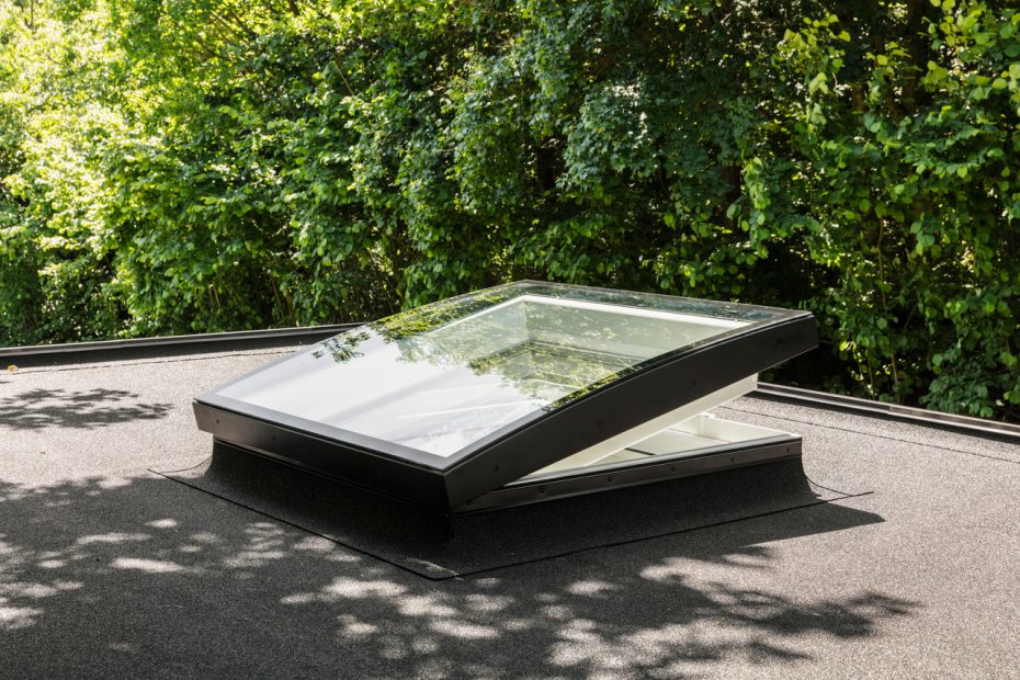 A Velux skylight window installed on a flat roof, surrounded by greenery reflecting on the glass.